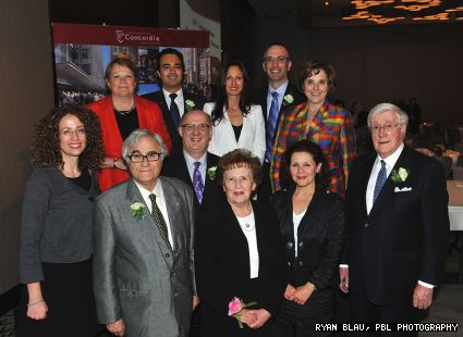 Left to right in front row: Mary Chronopoulos (BComm 99, EMBA 06), outgoing CUAA president, Aaron Fish; Donald Boisvert (BA 75, MA 79), Monique Rousseau, widow of Rodolphe Rousseau, along with daughter Joanne Rousseau (BA 82); and Brian O’Neill Gallery (L BA 57). Left to right back row: Christena Keon Sirsly (S MBA 73); Amine Dabchy, outgoing CSU president; Lina Uberti, Alumni Officer for the Advancement and Alumni Relations Office; Denis Kefallinos (BEng 91) president of the CUAA’s Boston/New England Chapter; and President Judith Woodsworth.
